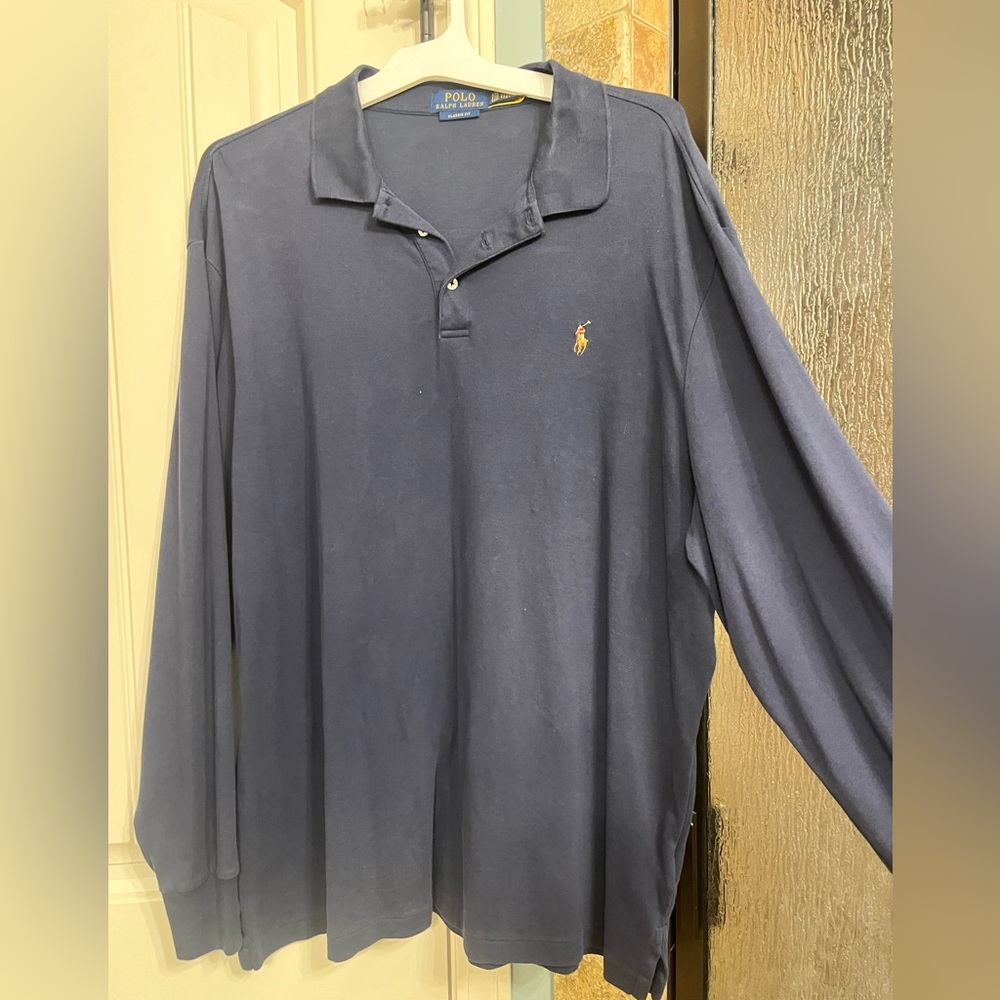 Polo Ralph Lauren Shirt Mens 2XL Classic Fit Navy Blue Long Sleeve Flesh Pony